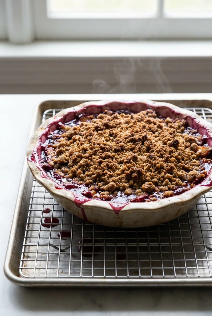 Just-out-of-the-oven plum crisp resting 10–15 minutes on a cooling rack, edges still gently bubbling and juices thickeni