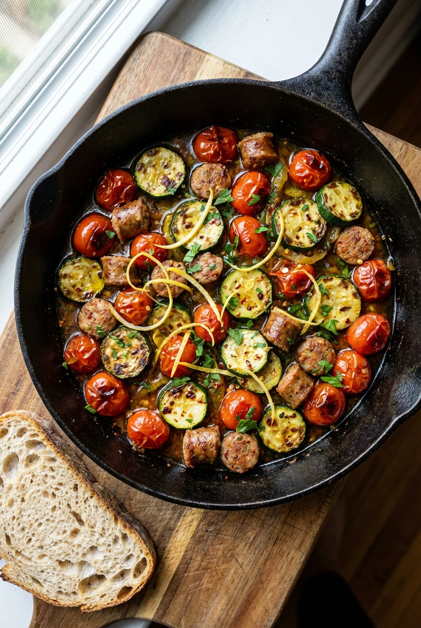 Overhead shot of the finished sausage–pepper–zucchini skillet, saucy and glossy with blistered tomatoes and lightly char