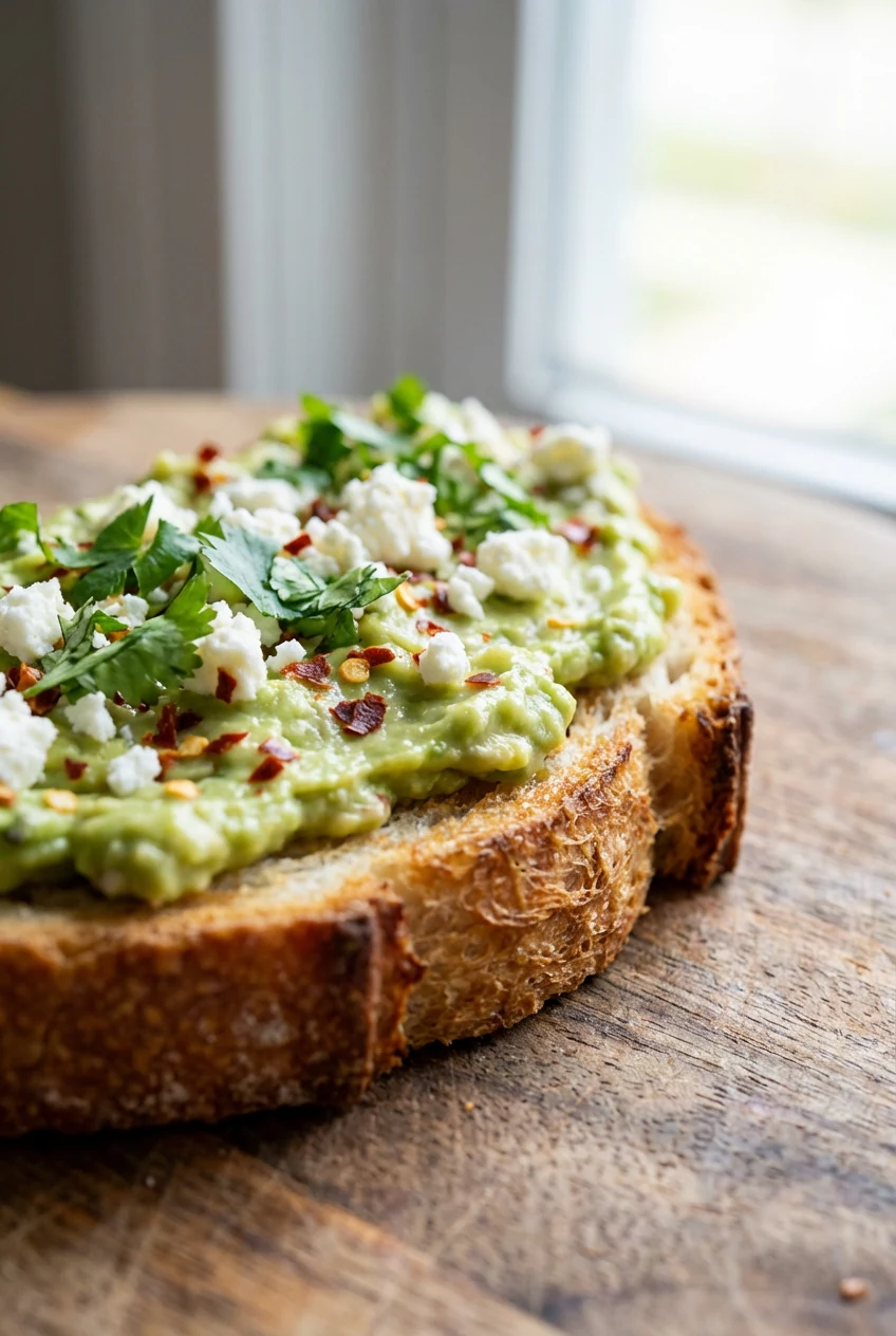 3. Close-up detail: Spicy avocado toast bite on toasted sourdough—creamy limey avocado, red chili flakes, chopped cilant