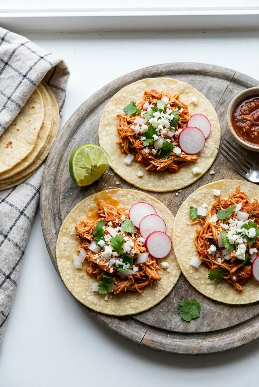 3. Overhead shot of three chicken tinga tacos on a rustic wood board, showcasing fiery red tinga, cilantro, onion, cotij