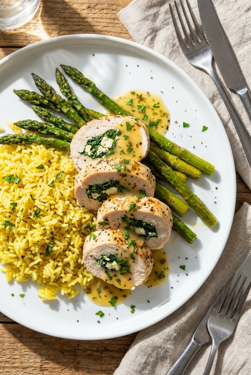 Overhead shot of rested stuffed chicken sliced into medallions and fanned on a white plate, spooned with bright lemony p