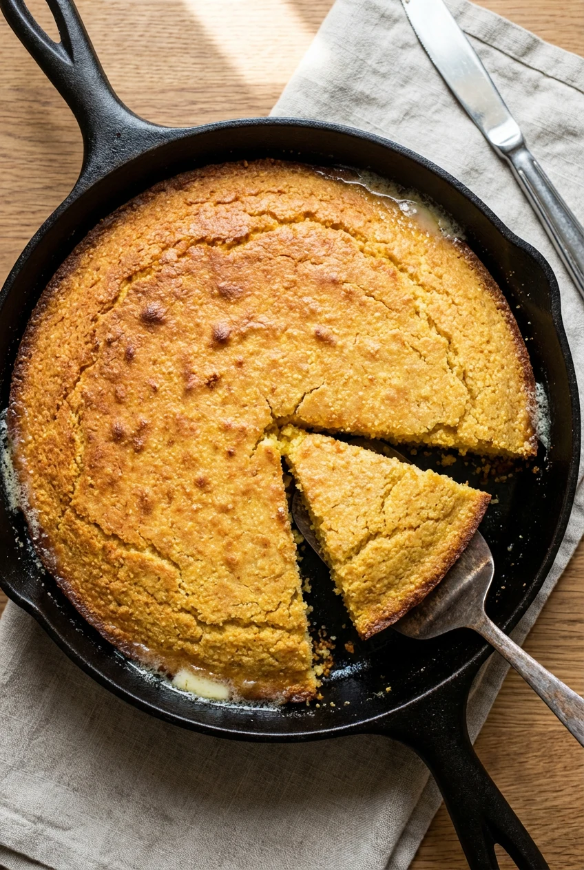 Overhead shot of cast-iron skillet cornbread in a preheated 10-inch pan, sizzling butter pooling at the edges, evenly br