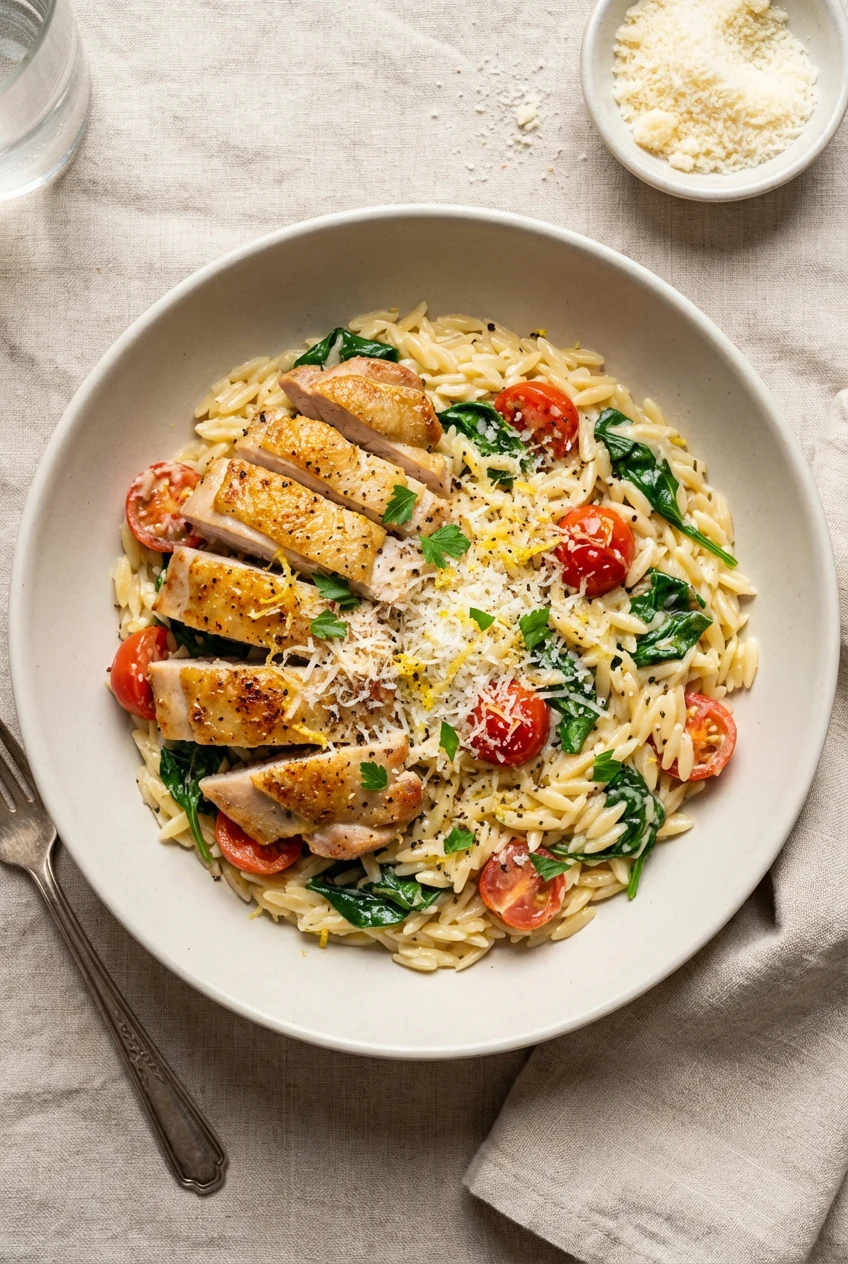 Overhead shot of creamy lemon garlic chicken orzo plated in a wide matte bowl: golden seared chicken, glossy al dente or