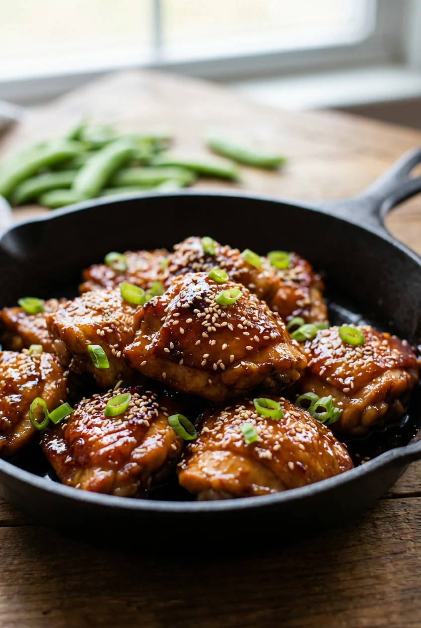 Close-up detail of glazed chicken in skillet: lacquered, clingy sauce from cornstarch, deep mahogany edges, sesame oil s