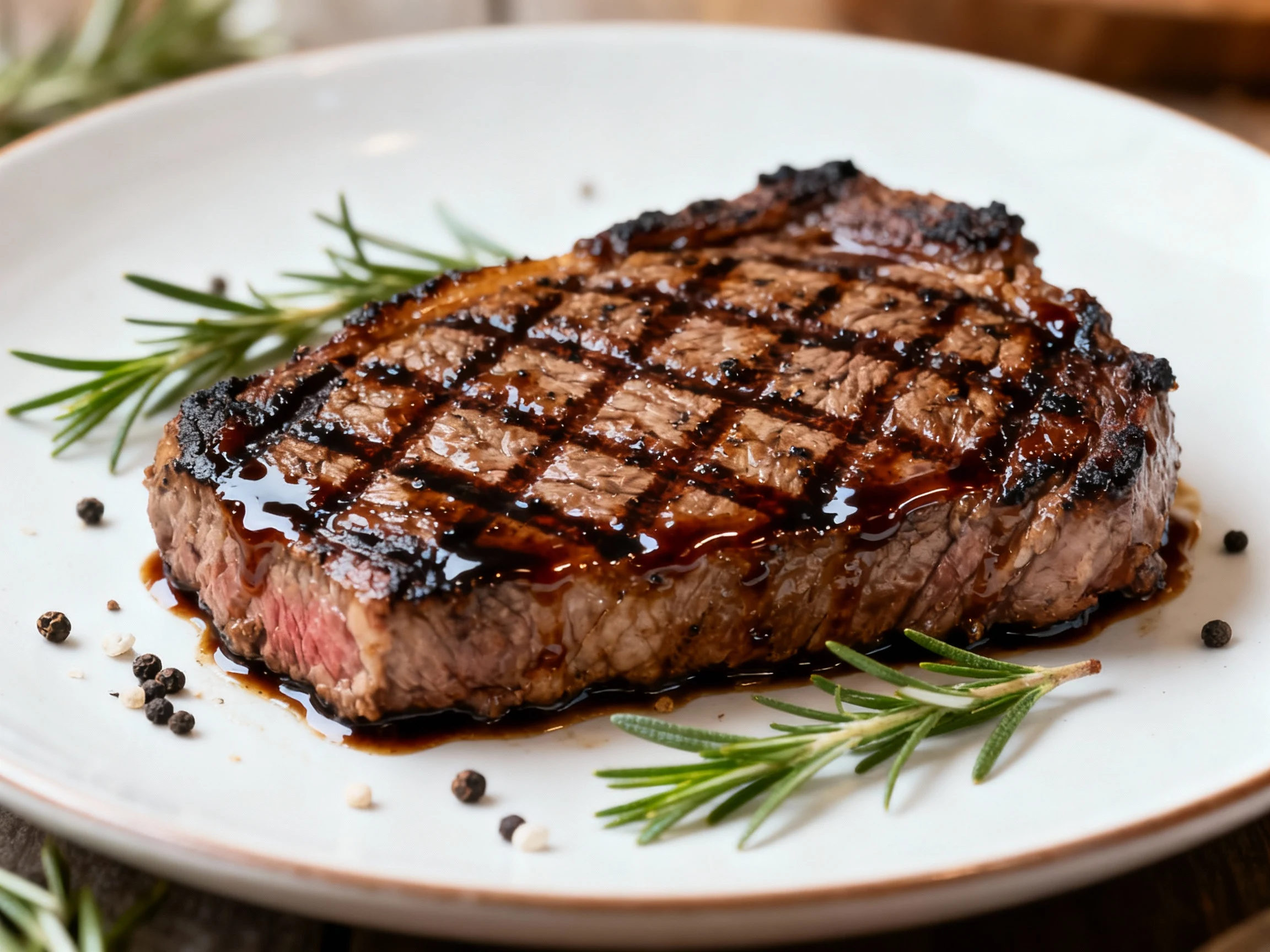 Food photography, Final dish: Grilled New York strip with sharp crosshatch marks, glazed with reduced steakhouse marinad