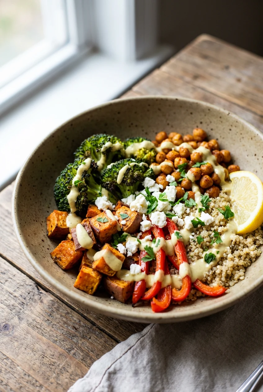 Beautifully plated lemon-tahini quinoa bowl in a matte ceramic bowl: quinoa base topped with roasted sweet potato, brocc