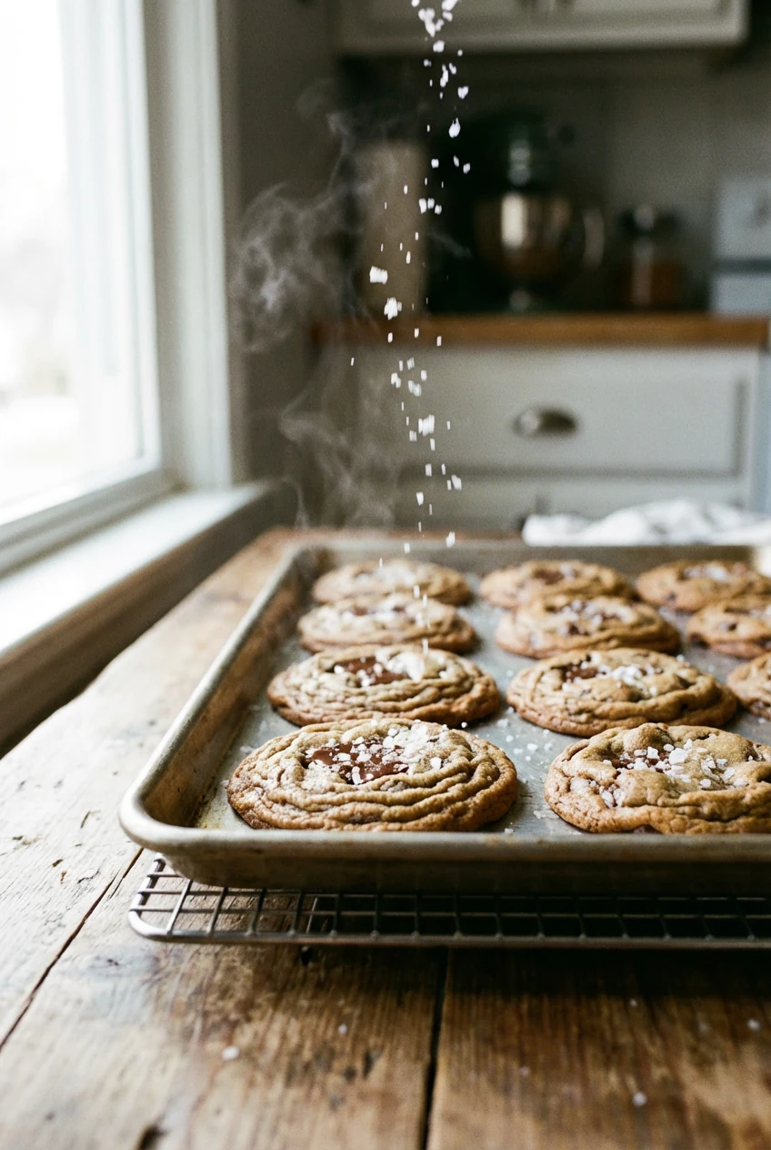 Cooking process moment: hot tray on a cooling rack with freshly baked cookies as flaky sea salt crystals fall in midair