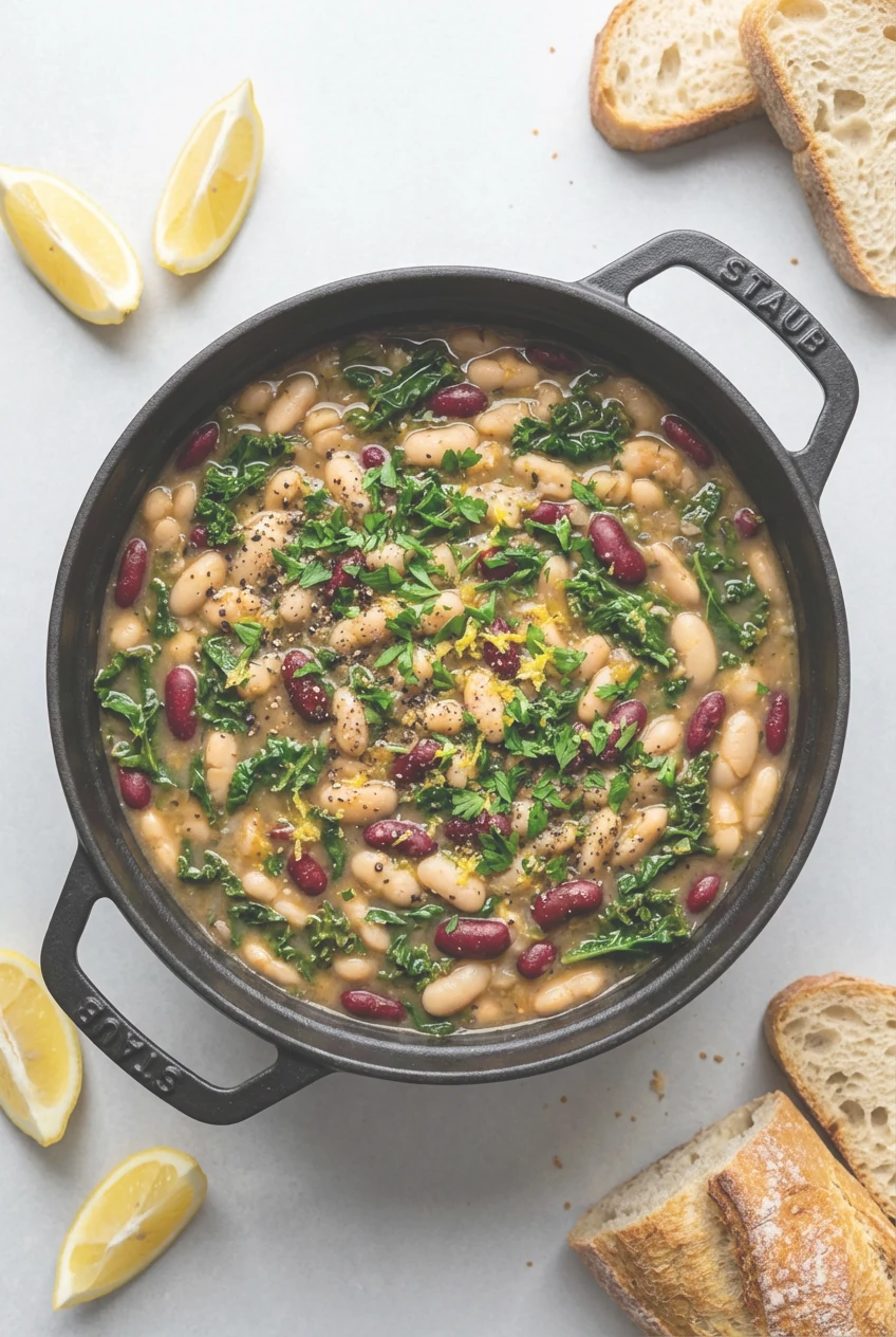 Tasty top view: overhead of finished one-pot bean stew in a black Dutch oven—thick, spoonable mix of beans and greens—to