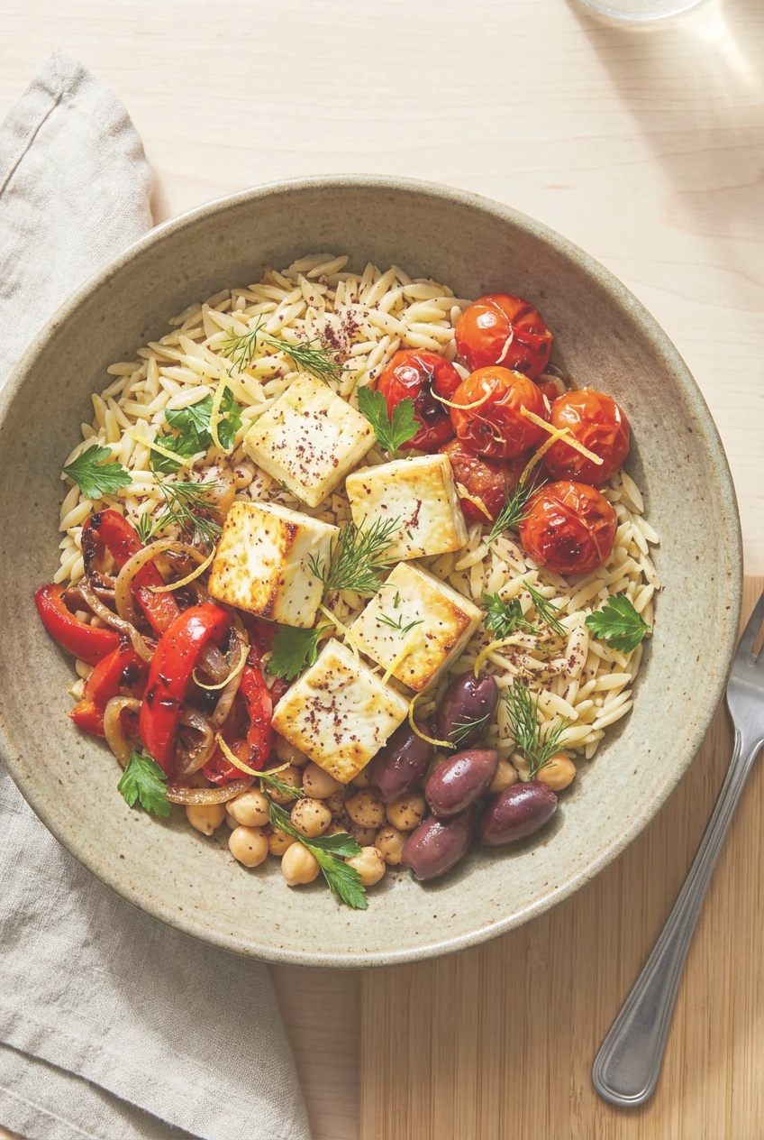 Tasty top view: overhead orzo bowl topped with creamy baked feta chunks, burst tomatoes, roasted peppers and onions, Kal