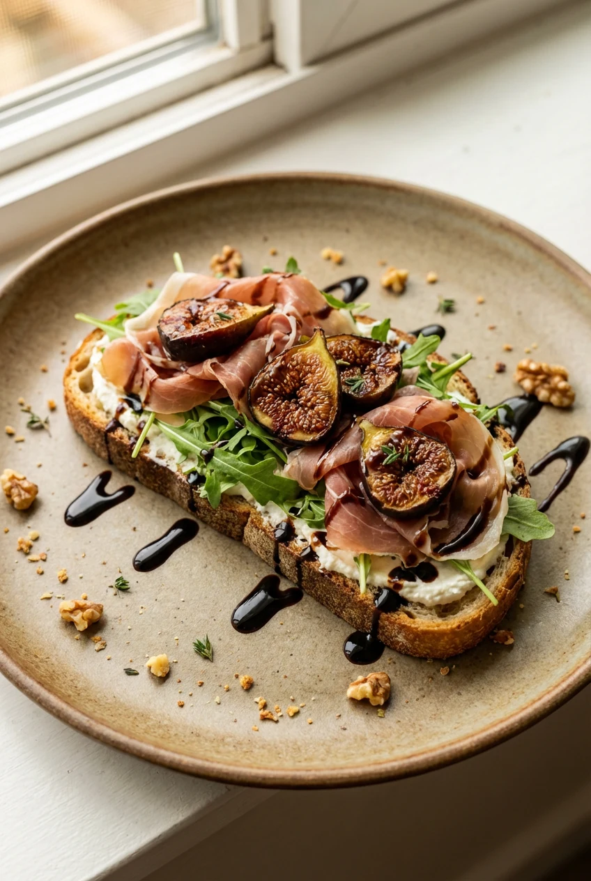 Beautifully plated savory fig toast: tangy chèvre base, draped prosciutto, arugula, roasted figs, balsamic glaze; matte 