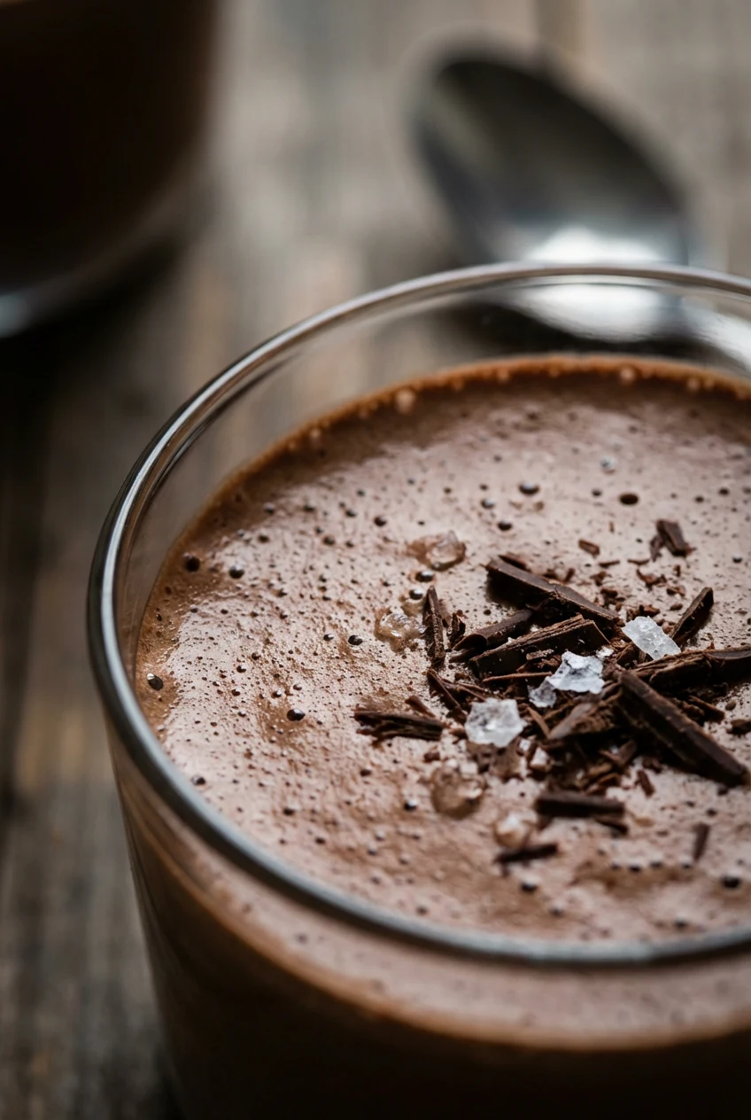 Close-up detail, Classic Chocolate Mousse Cups (cocoa + espresso): ultra-airy, velvety mousse surface with delicate bubb