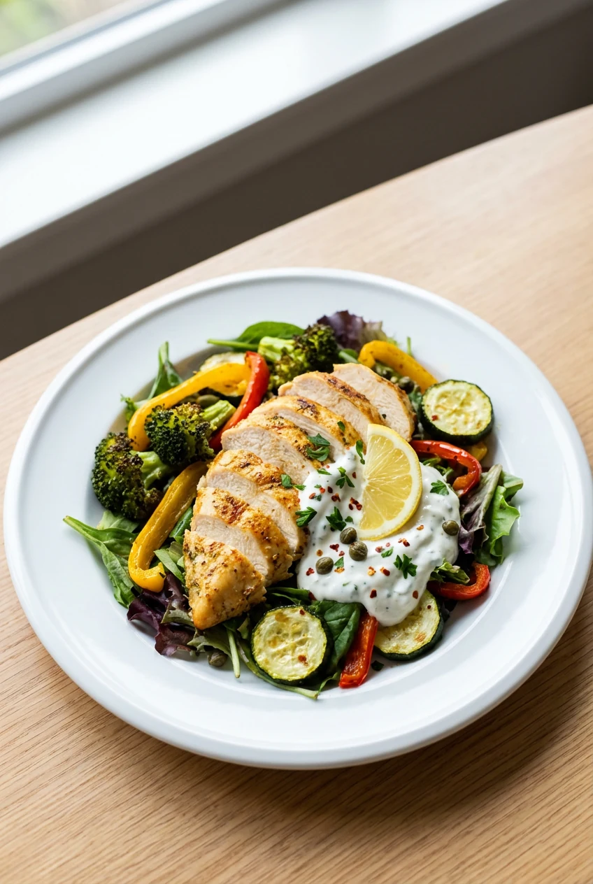 Beautifully plated low-carb dish: sliced roasted chicken over mixed greens with sheet-pan broccoli, peppers, zucchini, a