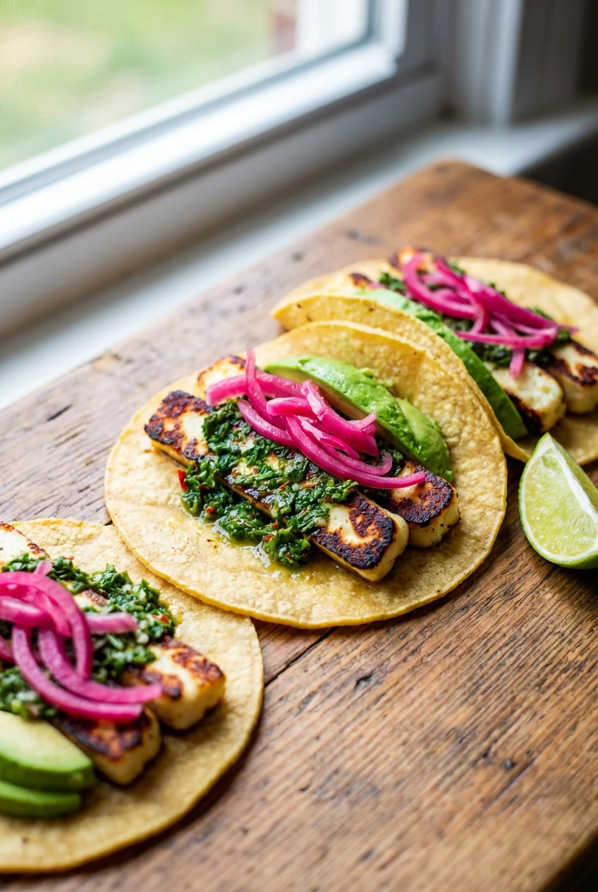 Three street-style halloumi tacos on warm tortillas—hard-seared halloumi fingers with charred edges, chimichurri, fuchsi