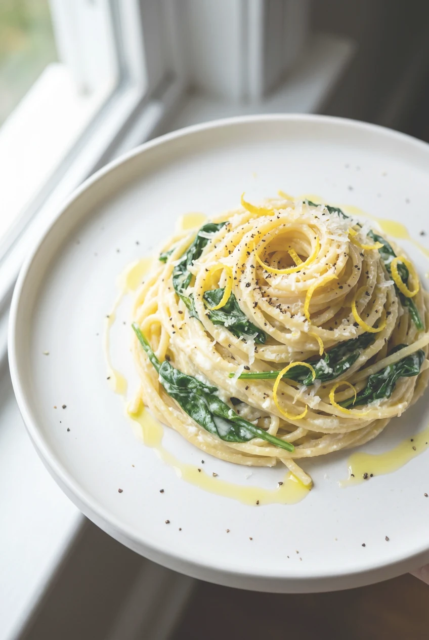 Final plated dish: Lemon Ricotta Spinach spaghetti twirled into a neat nest on a matte white plate, ricotta-lemon sauce 
