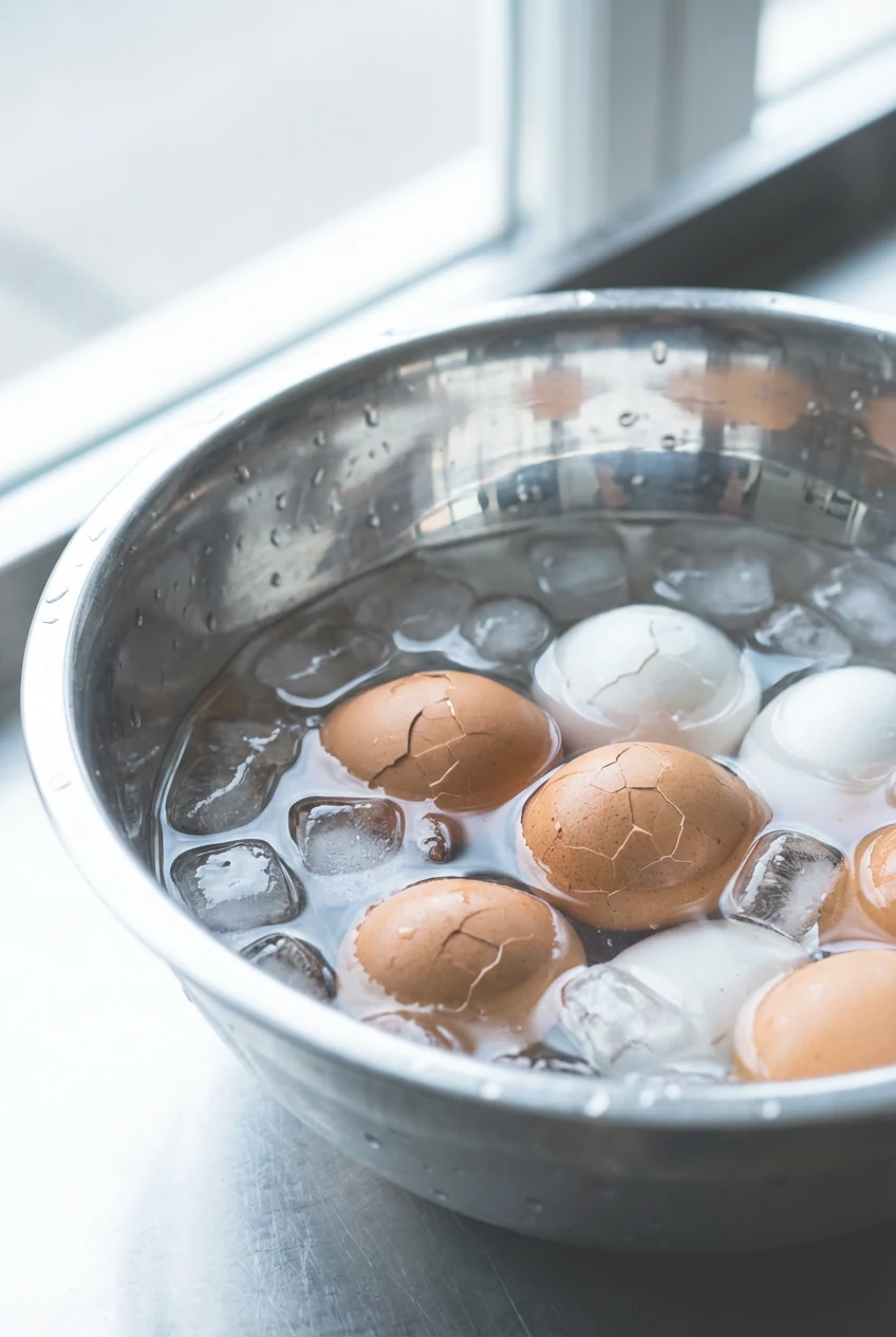 Cooking process: cooked eggs shocking in an ice bath—lightly cracked shells, ice cubes, droplets and condensation; cool 