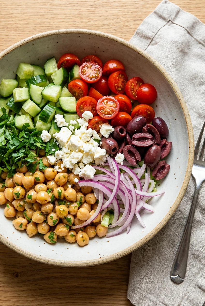 Overhead shot of Greek chickpea crunch salad in a wide bowl, glossy dressing clinging to chickpeas, cucumber and cherry 