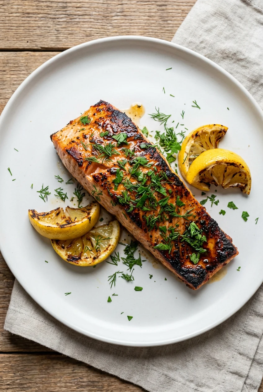 3. Overhead shot of grilled salmon plated restaurant-style: crisp skin, tender center, light brush of reduced marinade, 