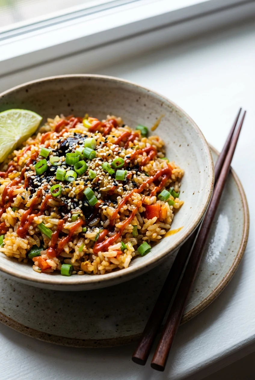 Final dish presentation: beautifully plated microwave fried rice in a matte ceramic bowl, finished with soy sauce, a thr