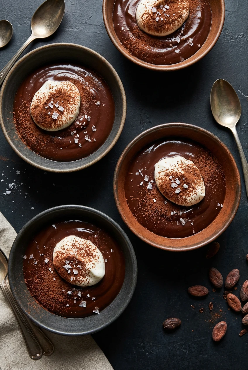 Overhead shot of chocolate pudding in matte ceramic bowls with whipped cream, cocoa dusting, and a pinch of flaky salt -