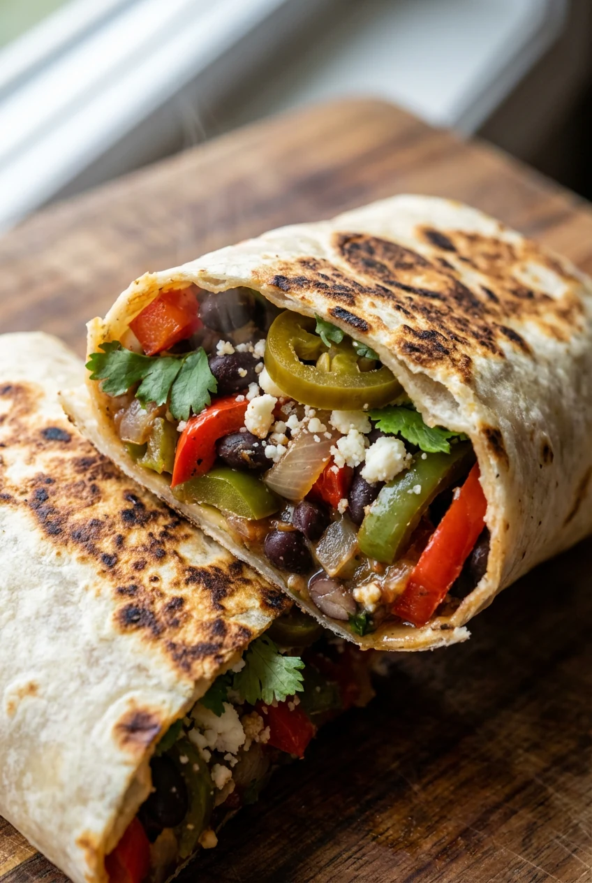 Close-up of Smoky Veggie Fajita wrap cut edge: butter-crisped, blistered tortilla, chili–cumin sautéed peppers and onion