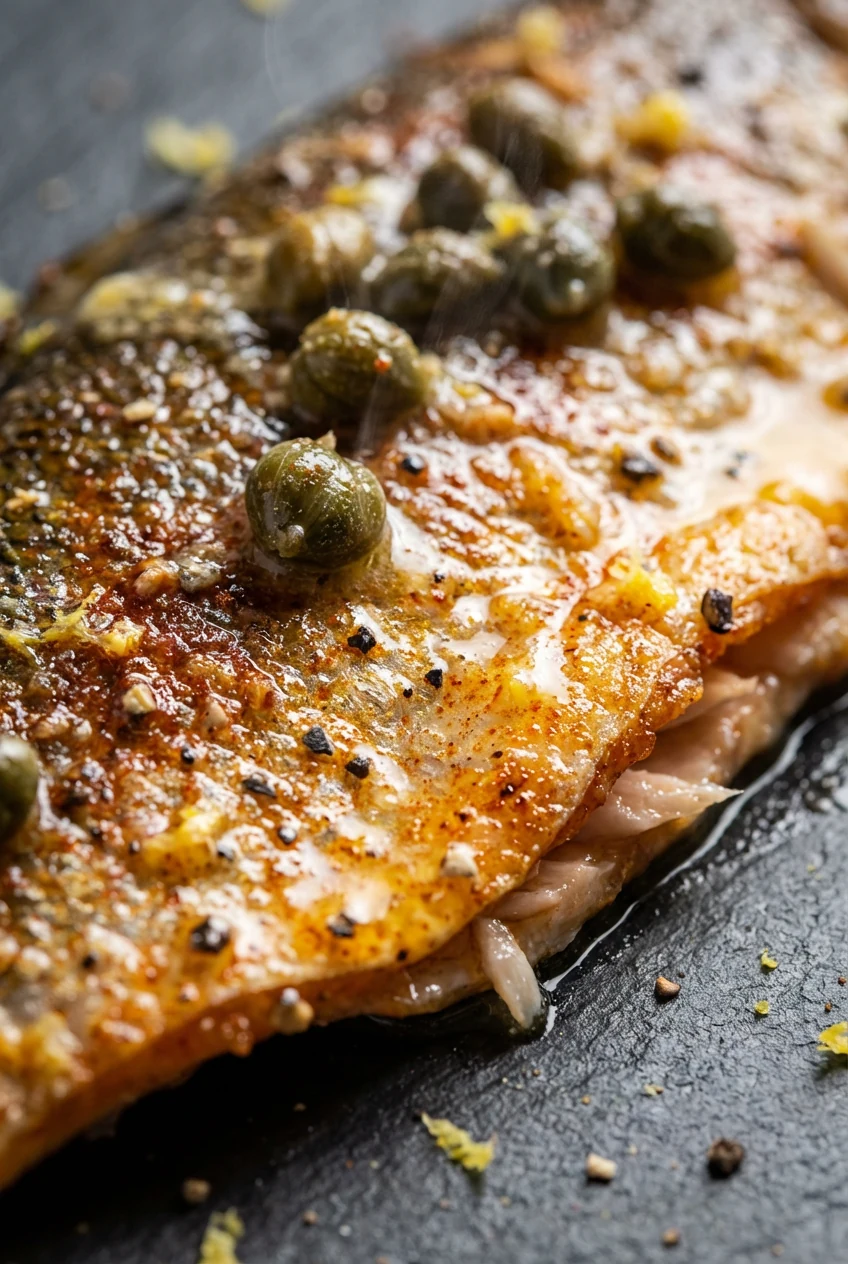 3. Extreme close-up of crispy trout skin with delicate flakes beneath, lacquered in lemon-garlic butter and capers, papr