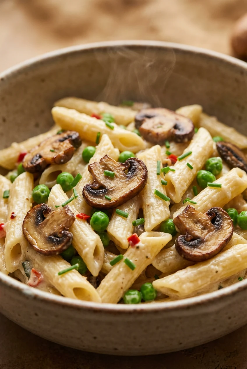 Macro close-up of penne folded with sautéed cremini mushrooms and bright green peas in the creamy sauce; seared mushroom