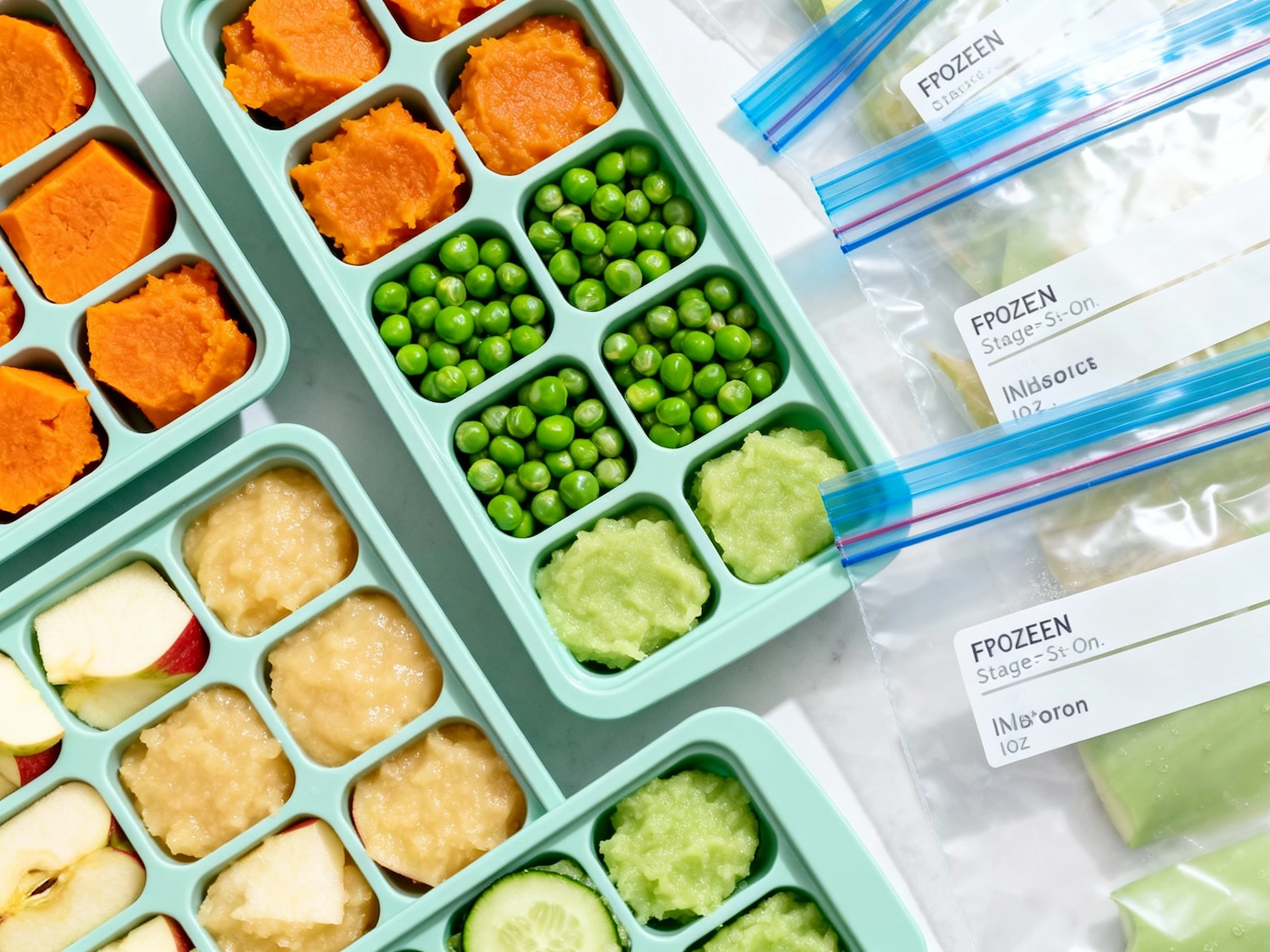 Food photography, 3. Tasty top view: Overhead of silicone ice cube trays filled with stage-one purées—sweet potato (deep
