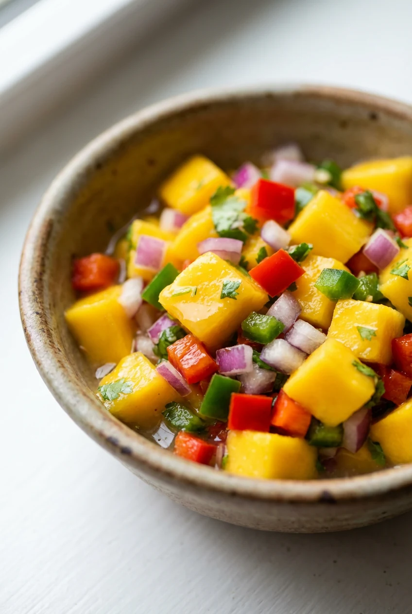 Macro close-up of prepared mango salsa in a small ceramic bowl—juicy diced mango, minced red onion and red bell pepper, 