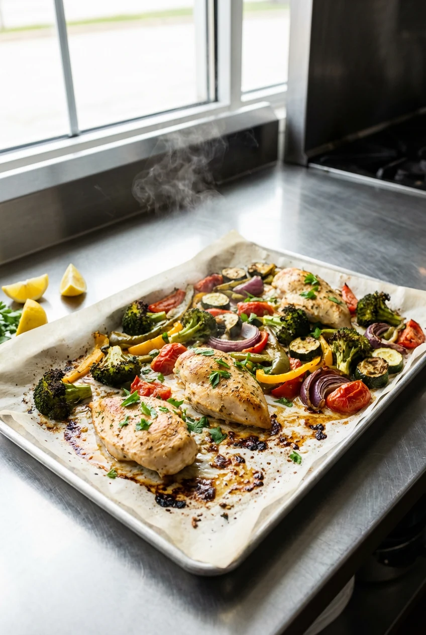 Cooking process: parchment-lined sheet pan just out of a 425°F oven, roasted chicken breasts resting with golden edges, 