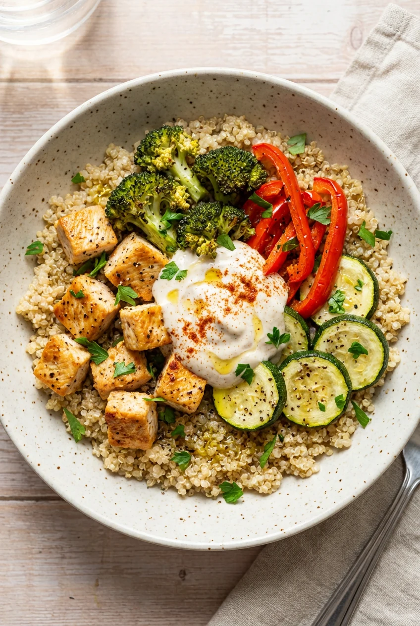 Overhead top-down shot of a macro-friendly bowl: quinoa base topped with air-fried chicken cubes and mixed veggies; ligh