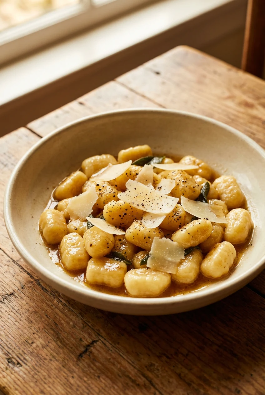 3. Beautifully plated speedy gnocchi in brown butter and sage; pillowy dumplings with glossy sauce; Parmesan shavings an