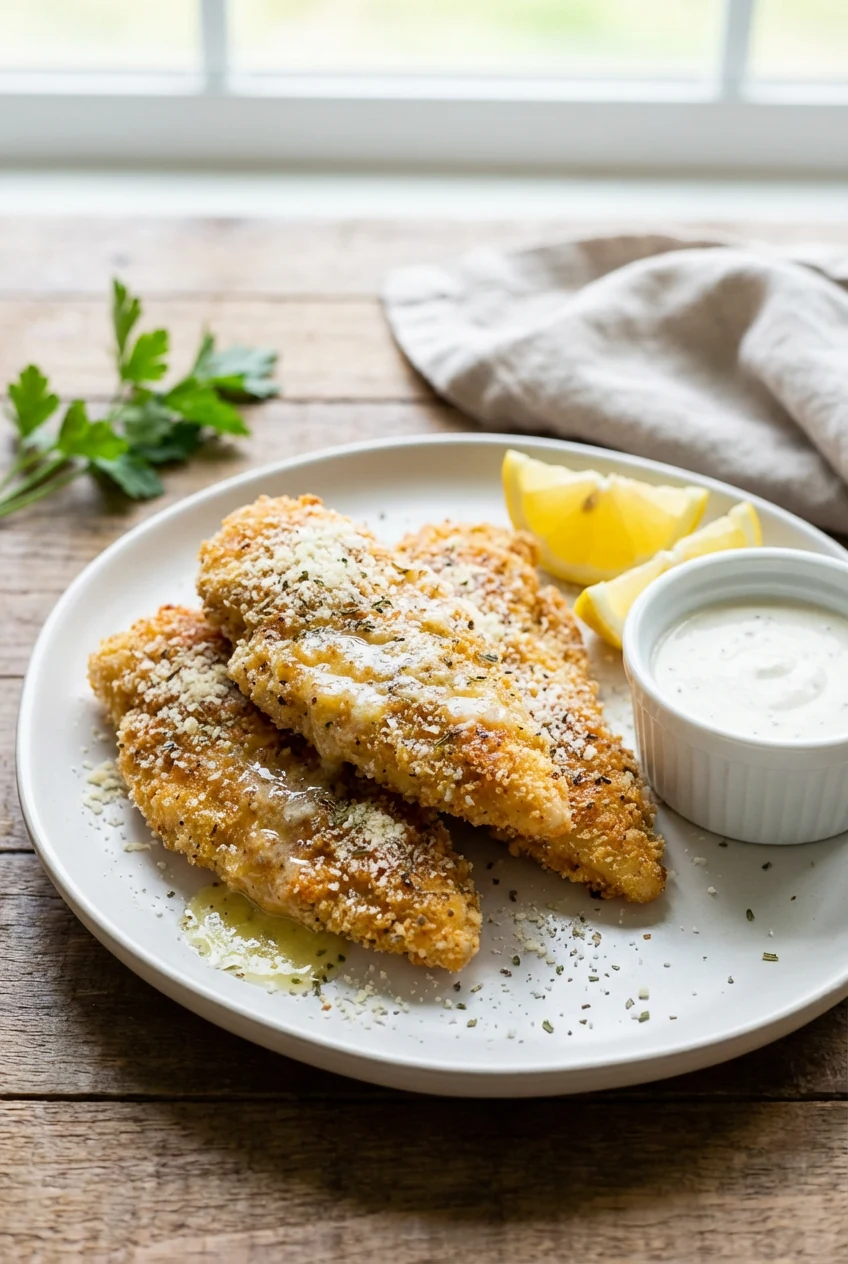 3. Final dish: Garlic-Parmesan chicken tenders plated on a matte white plate, glossy melted butter sheen, shower of fine