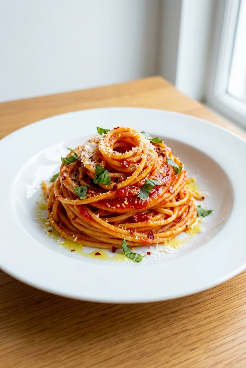 3. Final dish: spaghetti arrabbiata twirled into a neat nest on a white rimmed plate; vivid, fiery red glossy sauce; chi