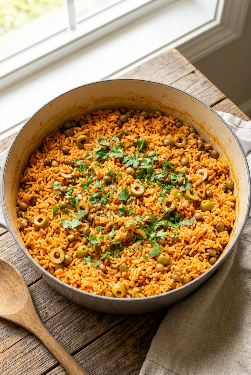 Top-down view of finished arroz con gandules fluffed in the pot—separate grains, gandules and olive slices scattered, ci