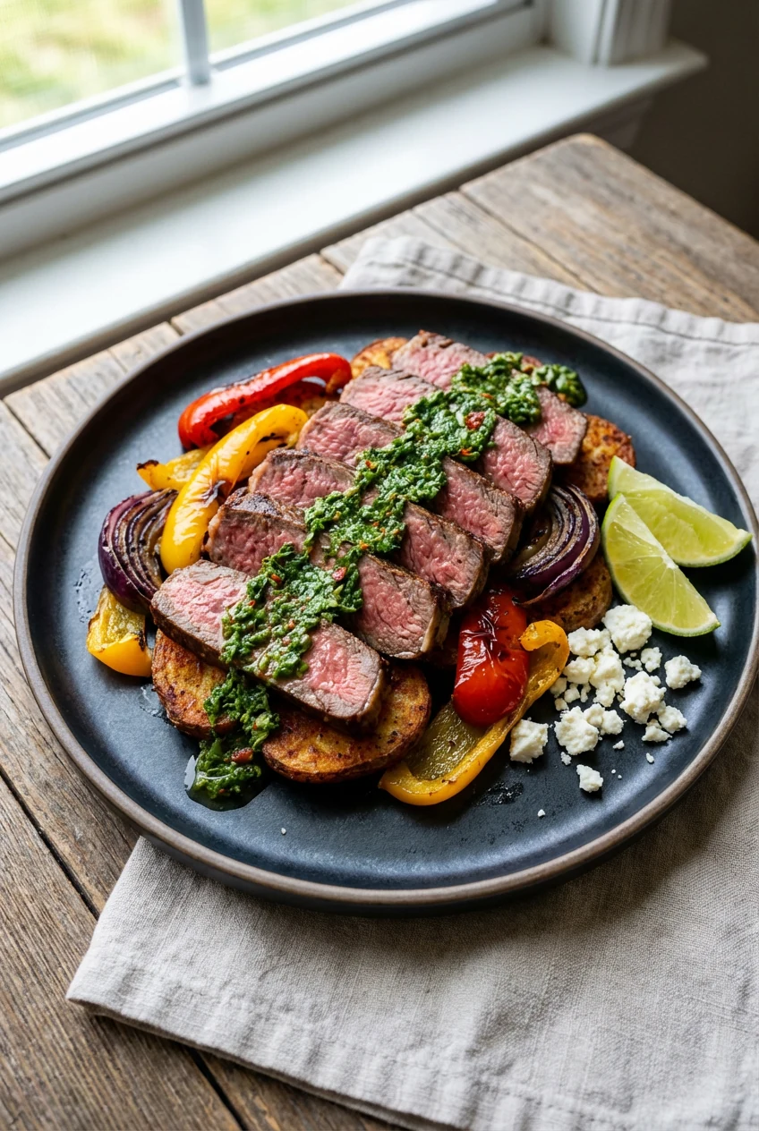 Beautifully plated final dish: fanned steak slices over crisp smoked-paprika potatoes with roasted bell peppers and red 