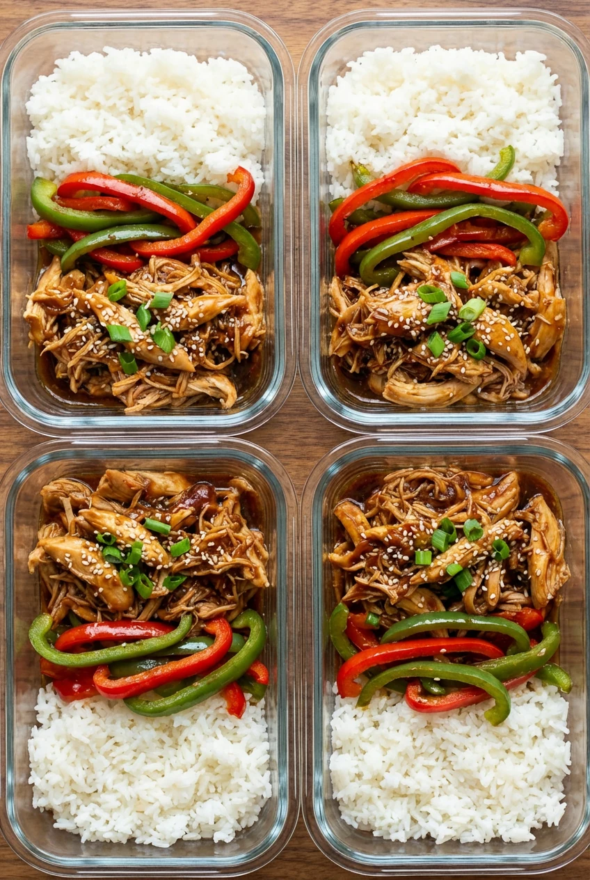 Tasty top view: overhead shot of honey-garlic shredded crockpot chicken in meal-prep bowls with fluffy rice, glistening 