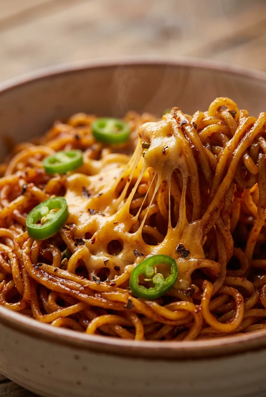 3. Close-up detail: Cheese Chilli Maggi—noodles lacquered in deep red masala with melted cheddar threading between stran