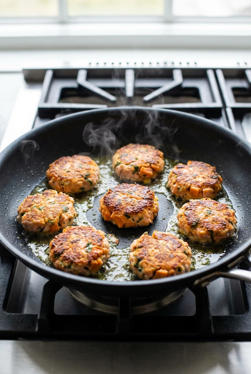 Salmon–Sweet Potato Cakes being pan-seared: small patties sizzling in a nonstick skillet with a thin slick of olive oil,