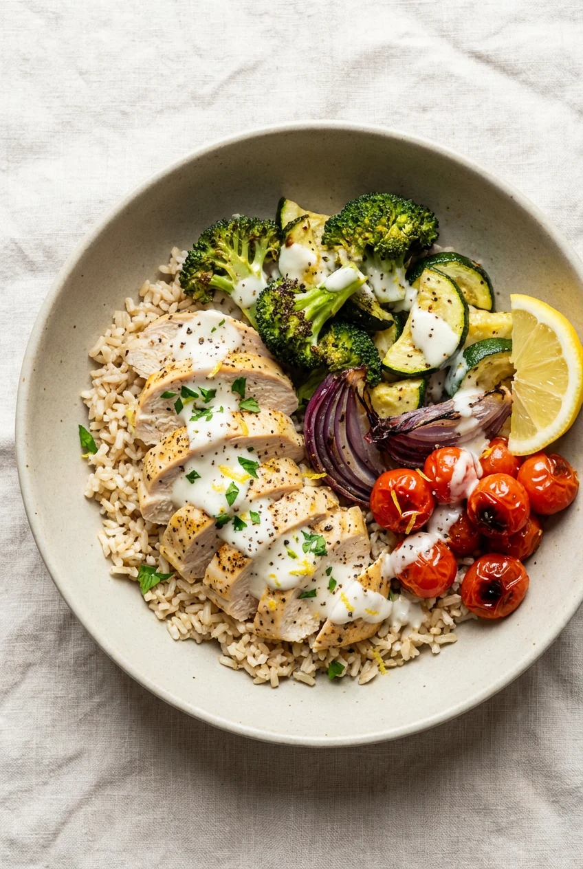 Overhead shot of a grain bowl: brown rice topped with sliced lemon-garlic chicken, broccoli, zucchini, roasted red onion