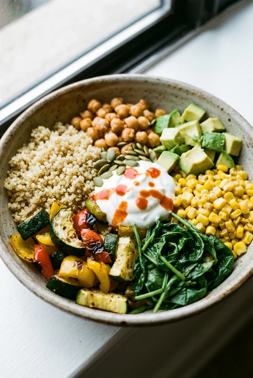 Close-up detail of a plated bowl: tender chickpeas and fluffy quinoa with charred-edge zucchini and bell pepper, sweet c
