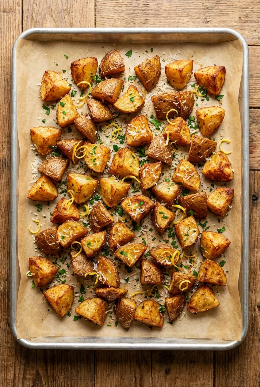 Overhead shot of a parchment-lined sheet pan with deeply golden roasted russet chunks spread in a single layer, visible 