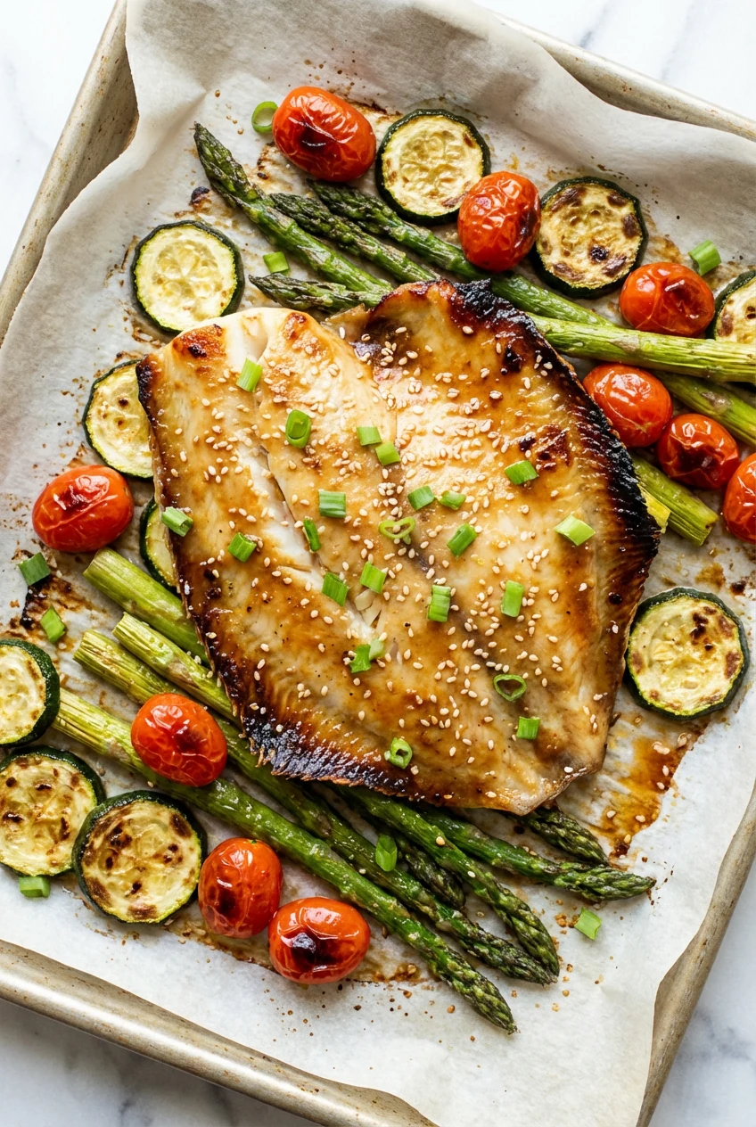 Overhead shot: miso-ginger glazed flounder on a sheet pan over roasted asparagus, cherry tomatoes, and zucchini; caramel