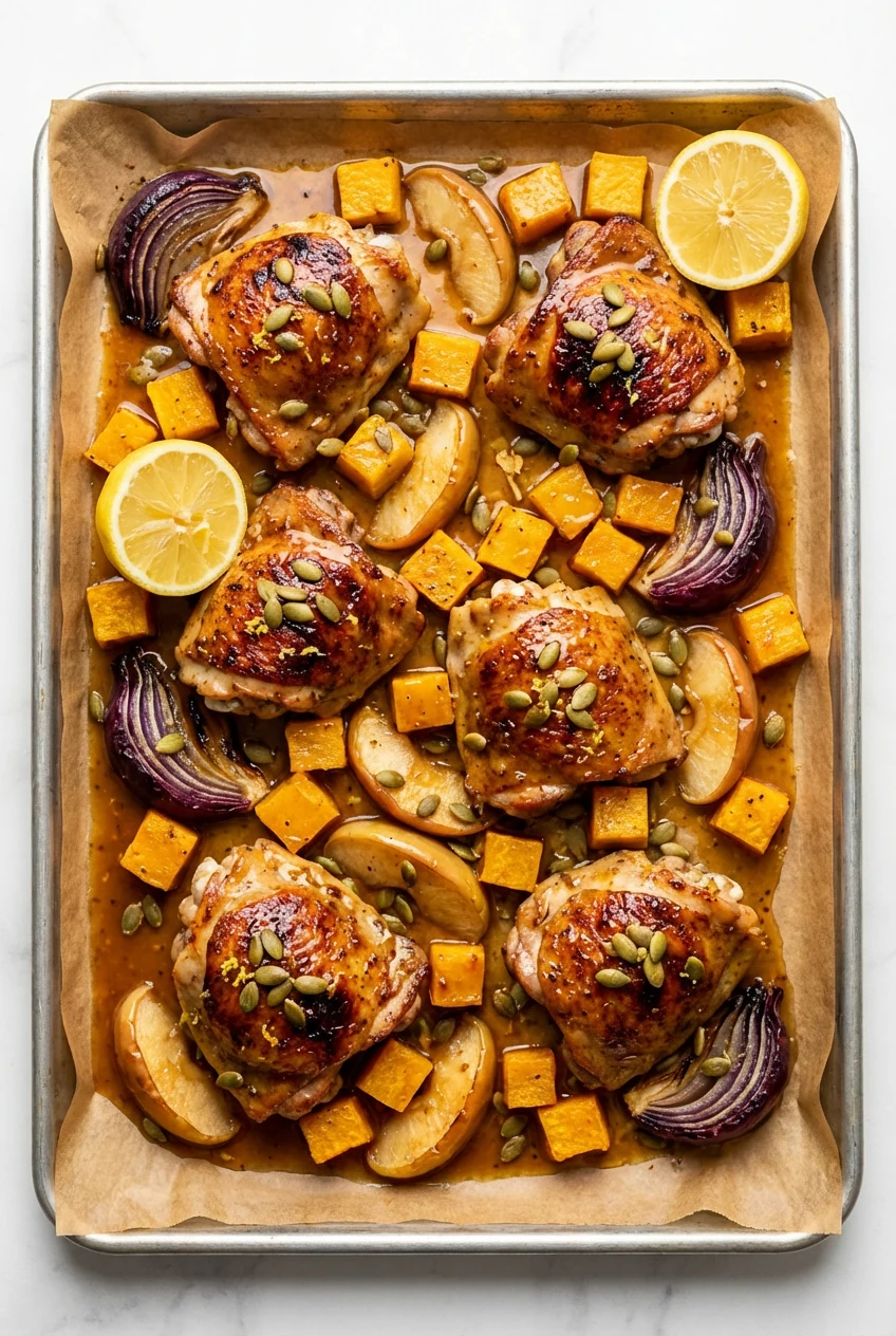 Overhead shot of the finished one-pan maple-Dijon chicken with squash and apples: bronzed chicken thighs, tender caramel