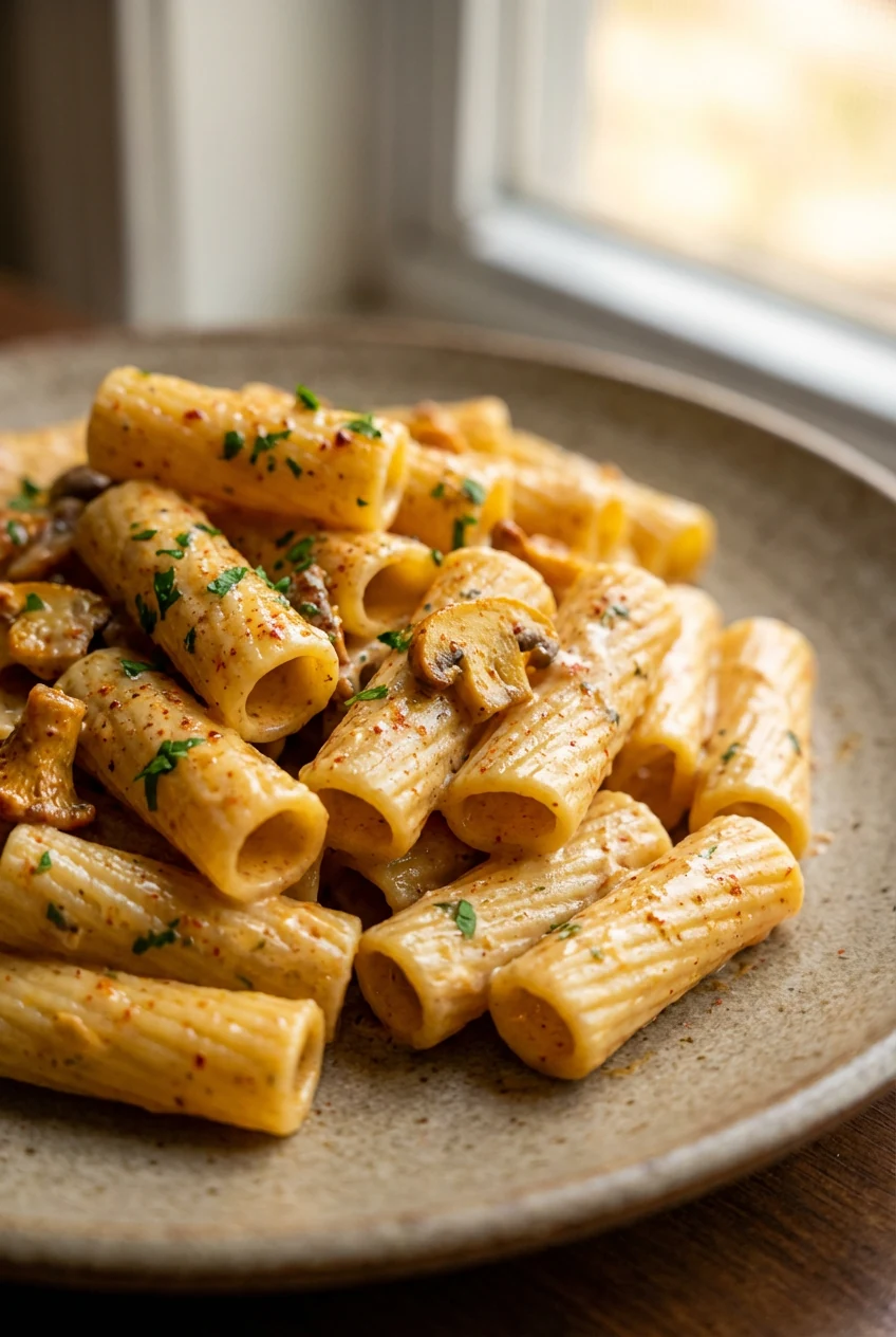 Close-up of rigatoni in Spicy Cajun Alfredo—cream clinging to ridges, specks of paprika and cayenne, sautéed mushrooms, 