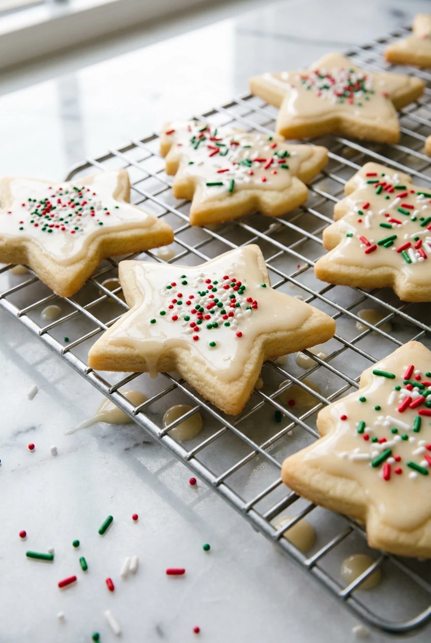 Cooking process shot of freshly baked sugar cut‑outs (trees and stars) on a cooling rack: pale edges, shiny vanilla glaz