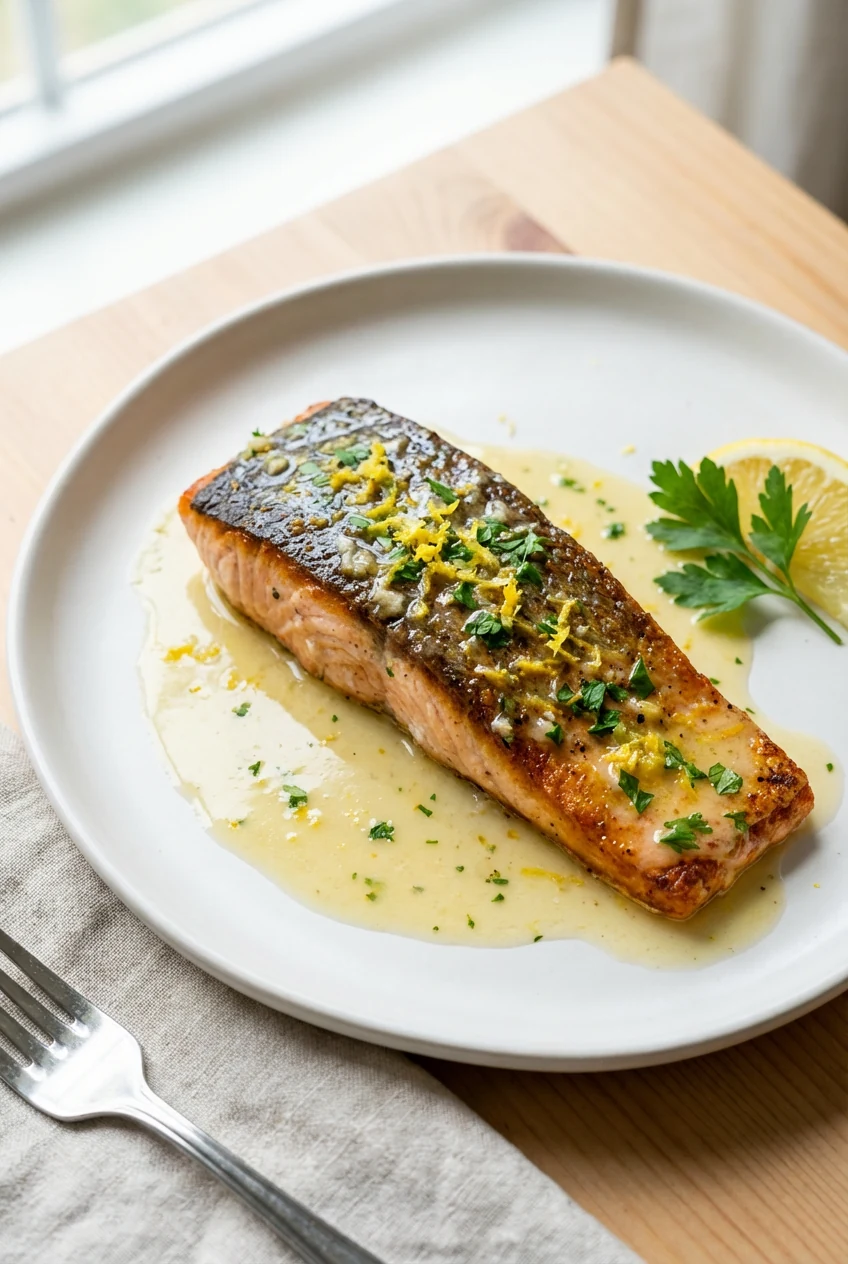 Final dish: Pan-seared salmon with lemon–garlic butter pan sauce spooned over; crisp golden crust, lemon zest confetti, 