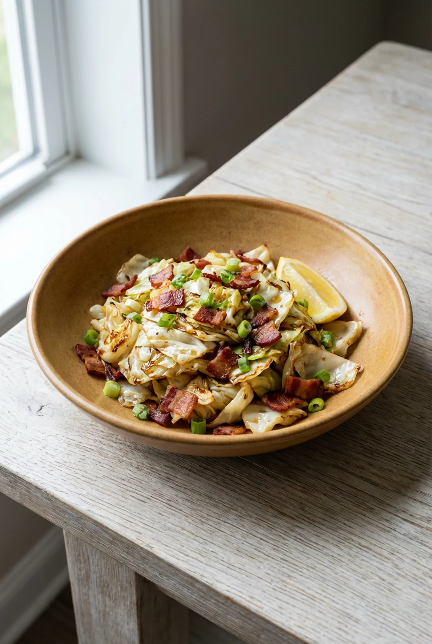 Final plated dish: tender-crisp fried cabbage with smoky bacon, scallions scattered, and a lemon wedge; subtle sheen fro