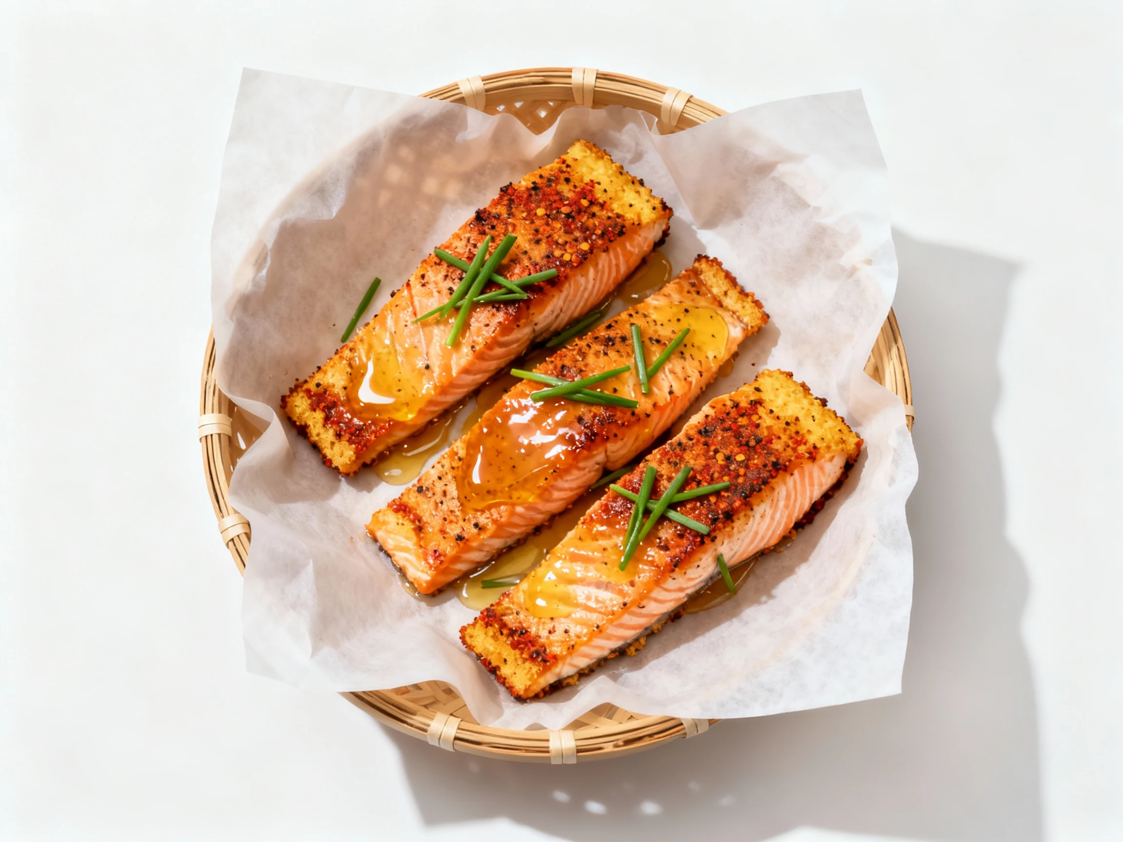 Food photography, Overhead shot of air-fried salmon fillets in a parchment-lined basket, golden edges with pepper–paprik