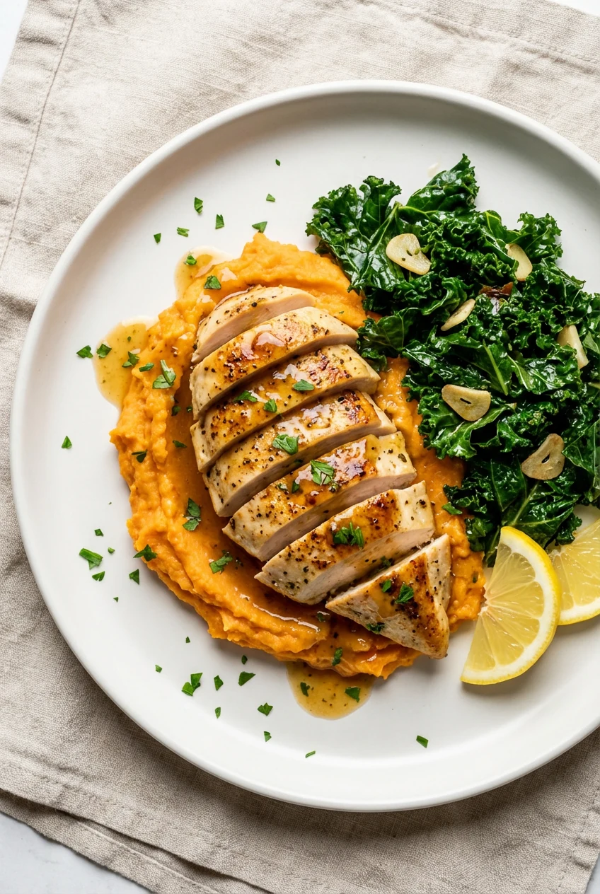 Overhead of plated lemony chicken over silky sweet potato mash with garlicky sautéed kale; parsley sprinkle, lemon wedge