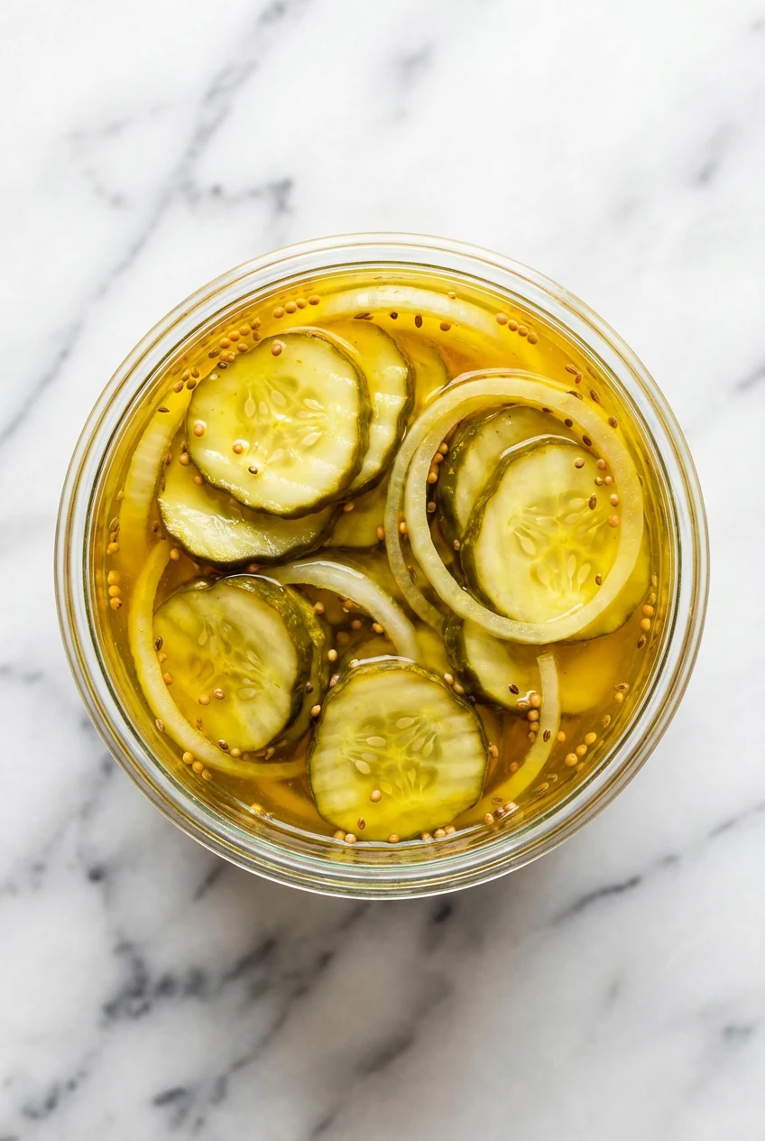 Overhead shot of bread-and-butter pickle chips with sweet onion rings in golden turmeric brine inside a clear jar on whi